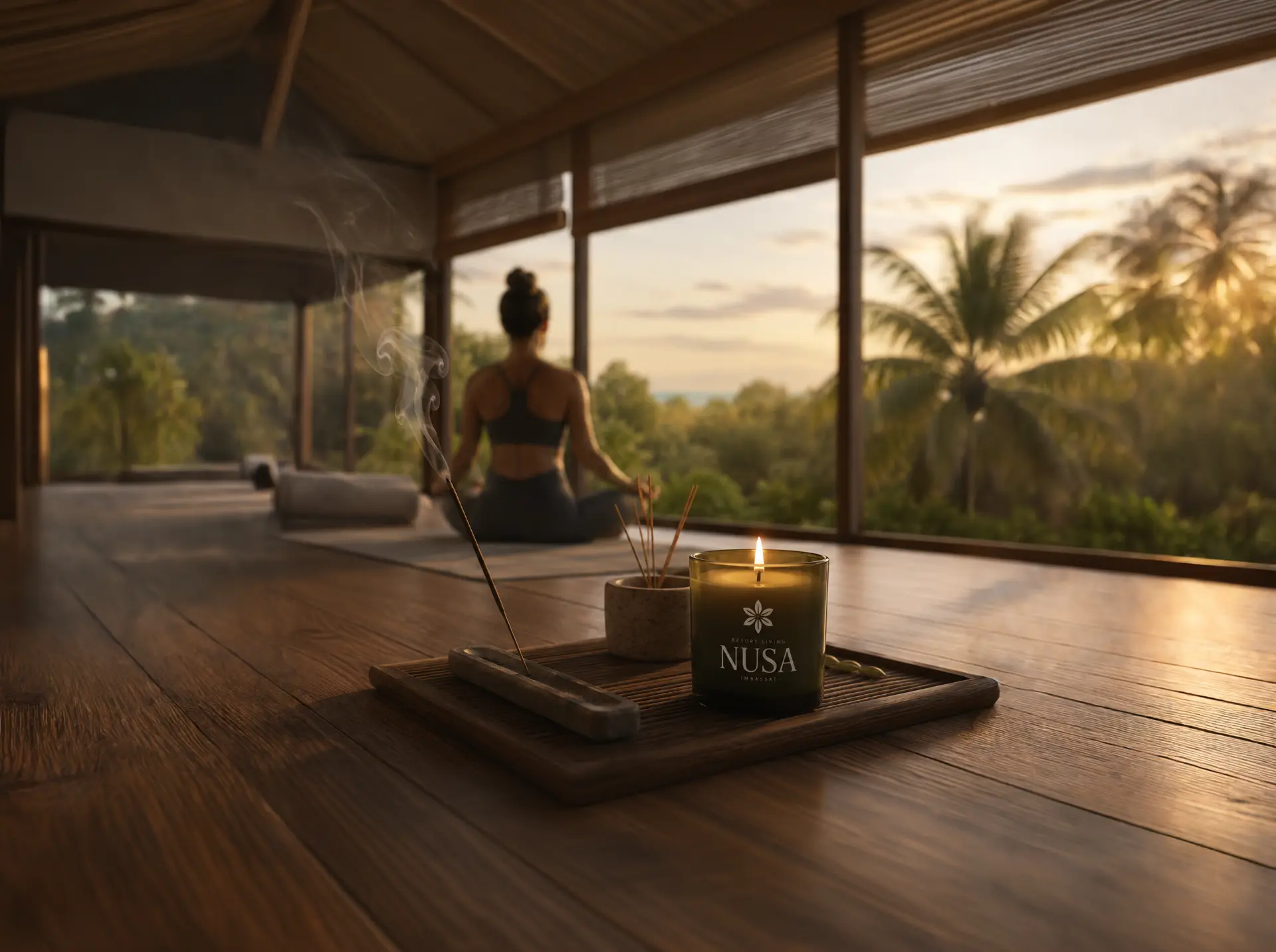 Ambiente de bem-estar do NUSA, com yoga, incenso e vela iluminada ao pôr do sol