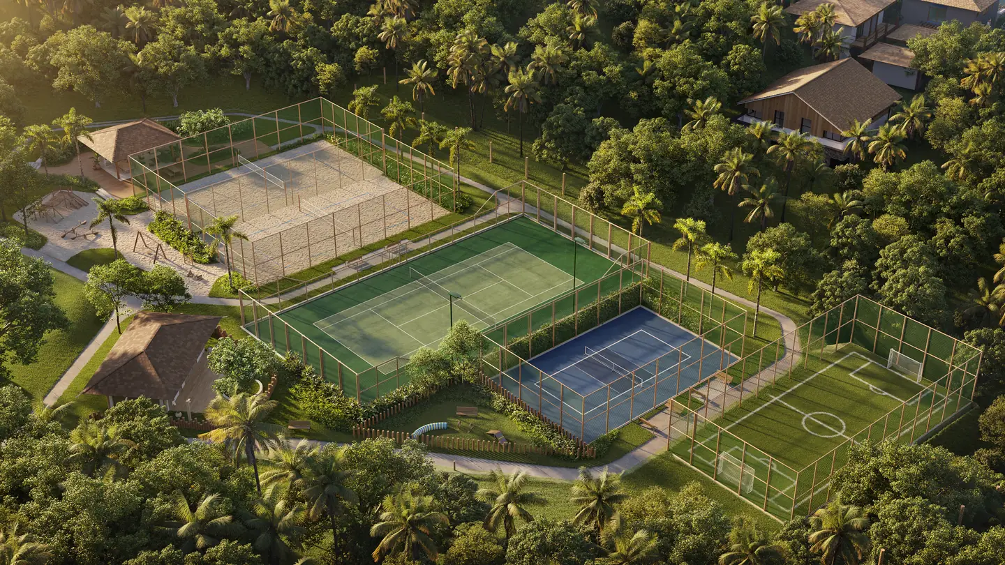 Vista aérea do clube de esportes do NUSA Imbassaí, com quadras esportivas e campo society cercados por mata nativa (imagem ilustrativa)