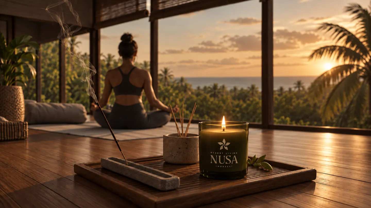 Mulher meditando em um deck de madeira com vista para a mata e o mar ao pôr do sol, com vela NUSA e incenso em primeiro plano (imagem ilustrativa)